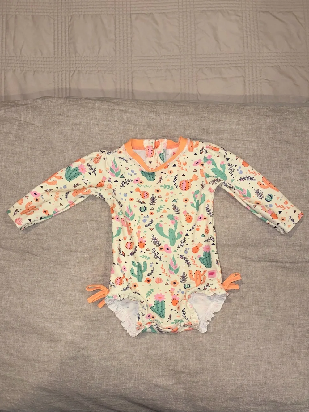 Long-Sleeve Cactus Print One-Piece Swimsuit - Cream & Peach